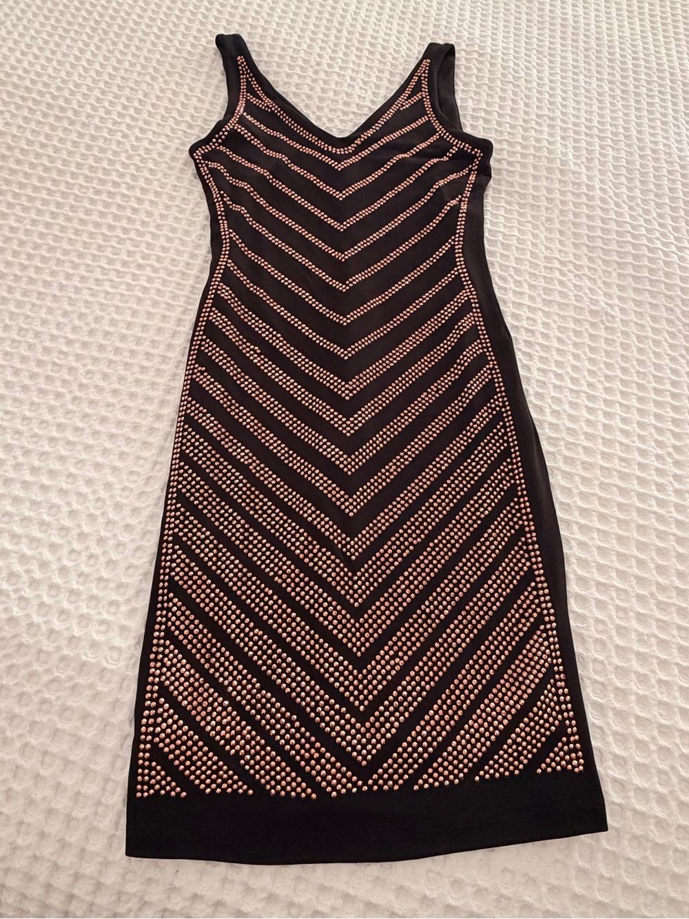 Carmen Marc Valvo Black Midi Dress with Rose Gold Studs